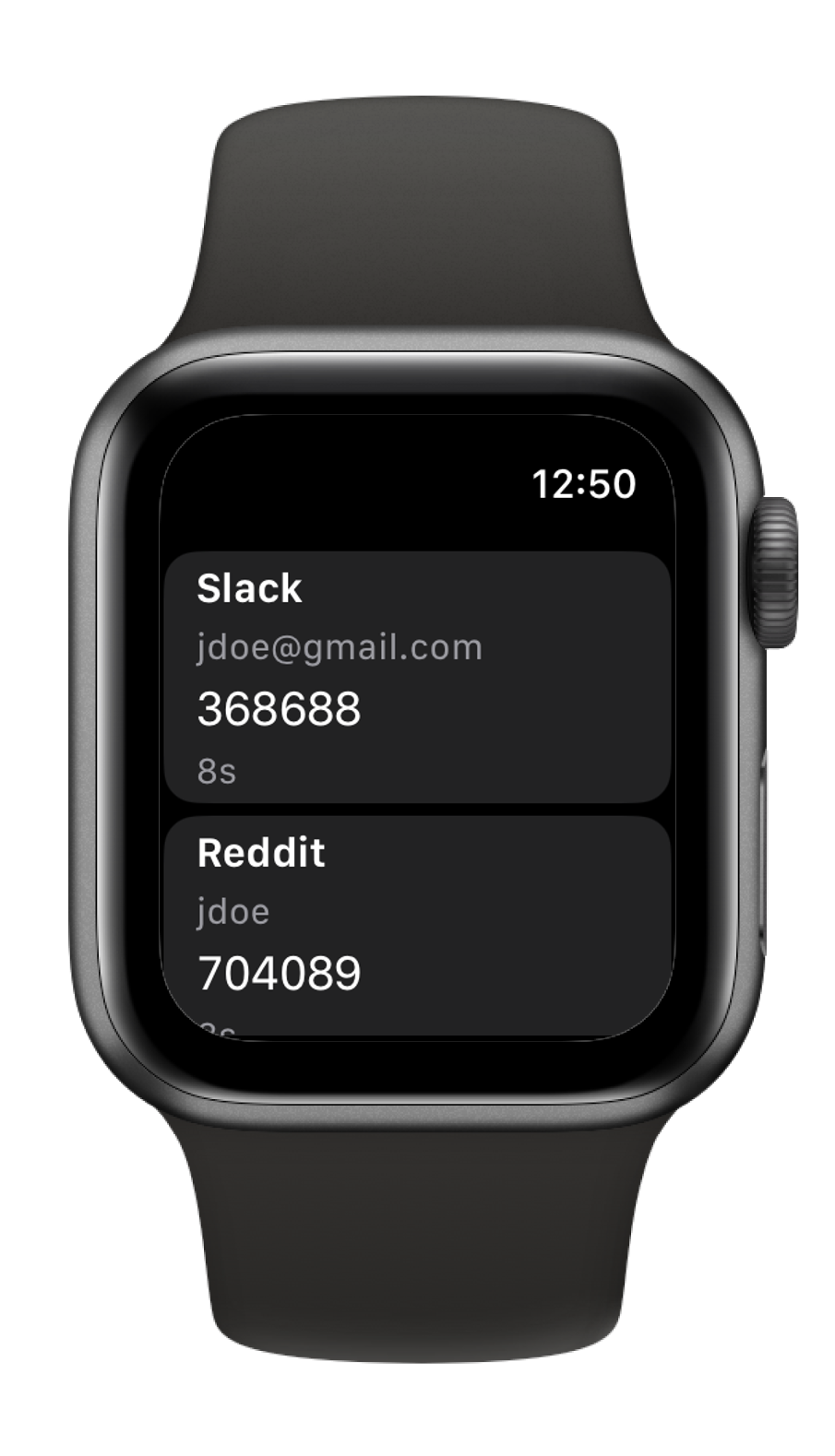 OTPartner Apple Watch interface showing authentication codes on wrist